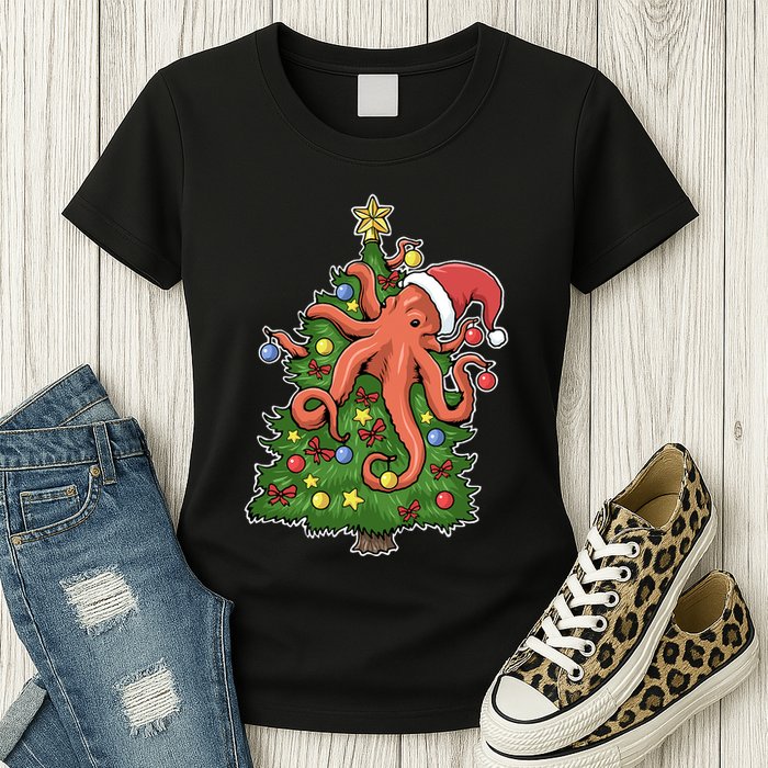 Christmas Octopus Kraken Squid Merry Christmas Tree Womens T-Shirt