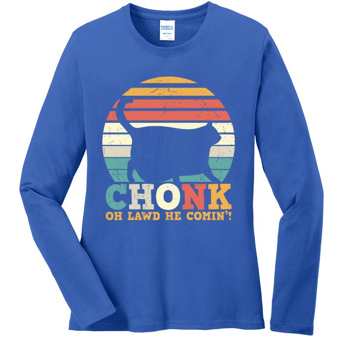 Chonk Oh Lawd He Comin' Cat Scale Meme Funny Cat Lover Cat Day Ladies Long Sleeve Shirt