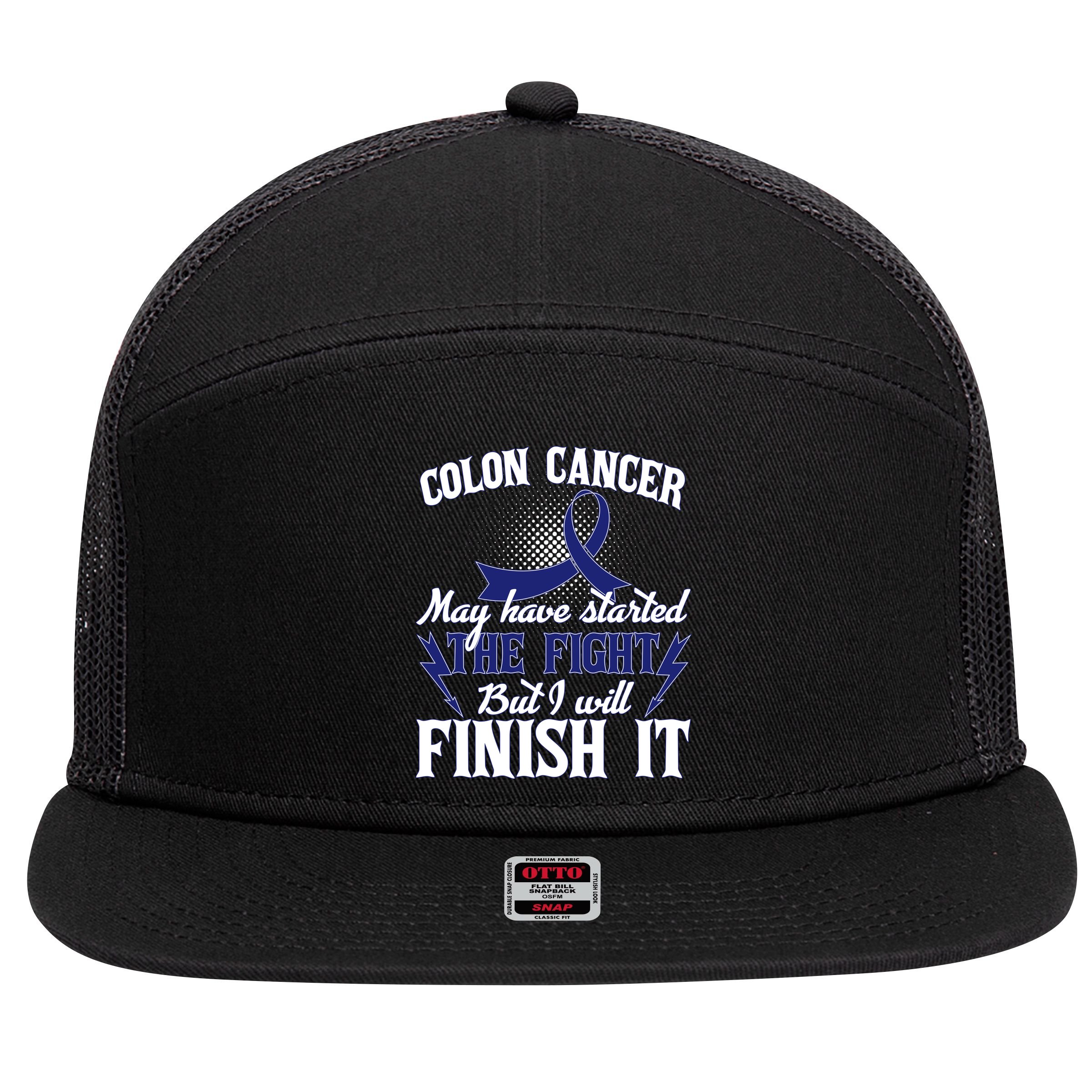 Colon Cancer Awareness Finish The Fight 7 Panel Mesh Trucker Snapback Hat