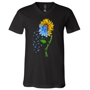 Colon Cancer Awareness Sunflower Support V-Neck T-Shirt