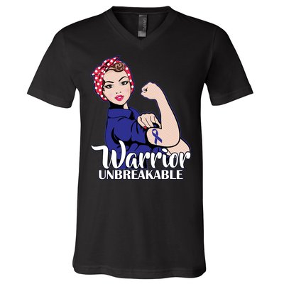 Colon Cancer Unbreakable Warrior V-Neck T-Shirt