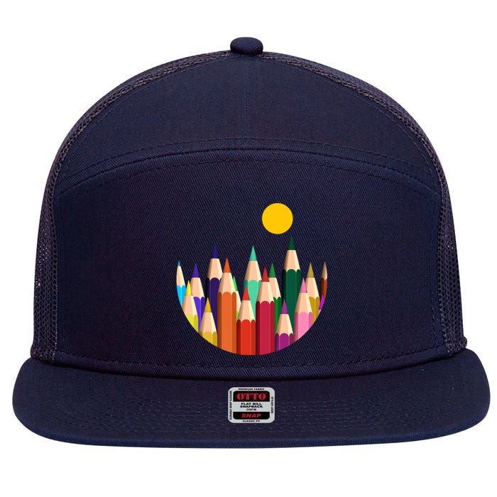 Color Pencils Forest Mountains  7 Panel Mesh Trucker Snapback Hat