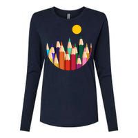 Color Pencils Forest Mountains  Womens Cotton Relaxed Long Sleeve T-Shirt