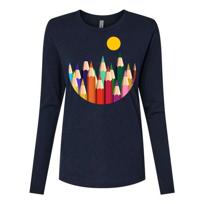 Color Pencils Forest Mountains  Womens Cotton Relaxed Long Sleeve T-Shirt