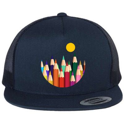 Color Pencils Forest Mountains  Flat Bill Trucker Hat