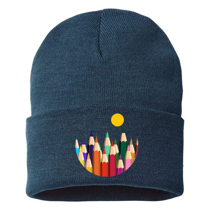 Color Pencils Forest Mountains  Sustainable Knit Beanie