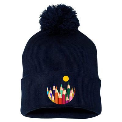 Color Pencils Forest Mountains  Pom Pom 12in Knit Beanie