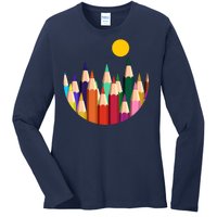 Color Pencils Forest Mountains  Ladies Long Sleeve Shirt