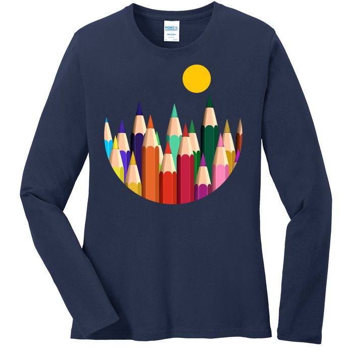 Color Pencils Forest Mountains  Ladies Long Sleeve Shirt