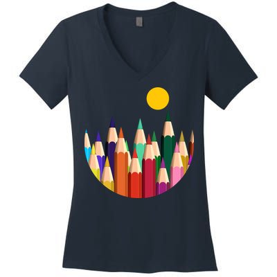 Color Pencils Forest Mountains  Women's V-Neck T-Shirt
