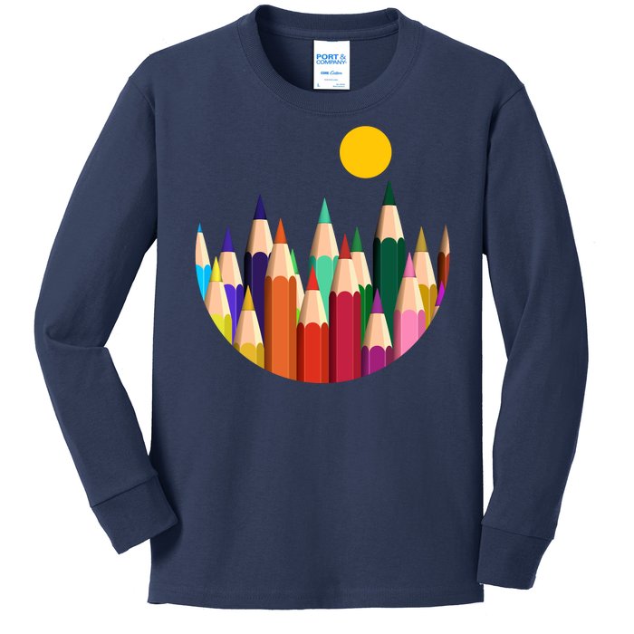 Color Pencils Forest Mountains  Kids Long Sleeve Shirt