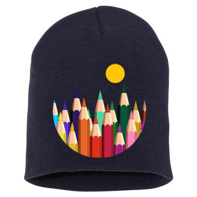 Color Pencils Forest Mountains  Short Acrylic Beanie