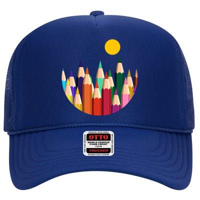 Color Pencils Forest Mountains  High Crown Mesh Back Trucker Hat