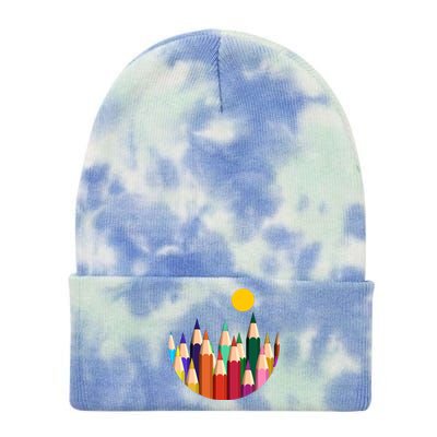 Color Pencils Forest Mountains  Tie Dye 12in Knit Beanie