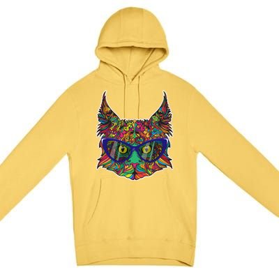 Colorfful Cat With Glasses Portrait Premium Pullover Hoodie