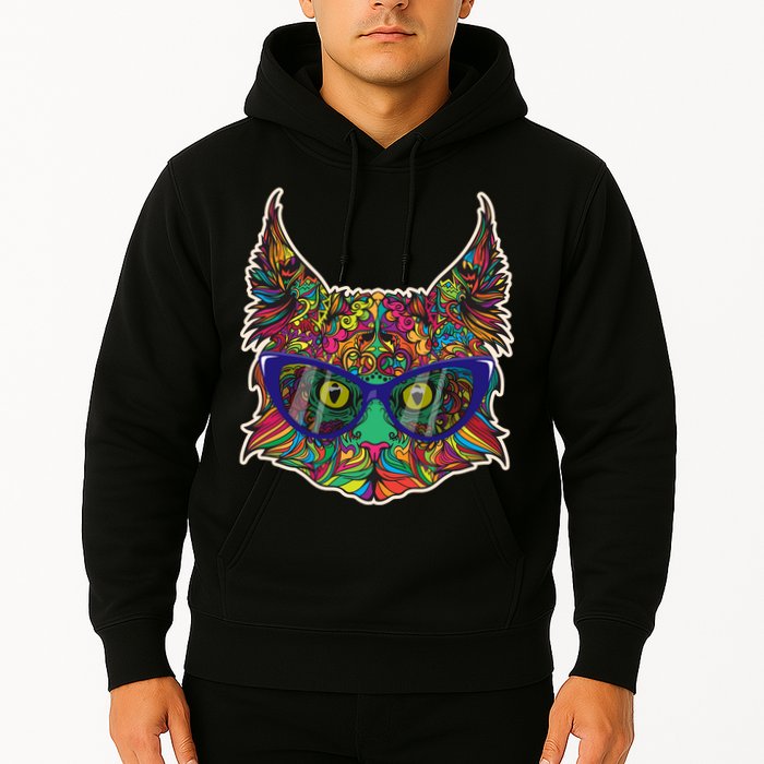 Colorfful Cat With Glasses Portrait Hoodie