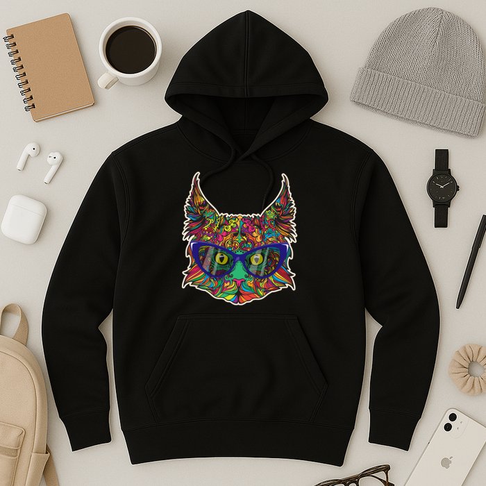 Colorfful Cat With Glasses Portrait Hoodie