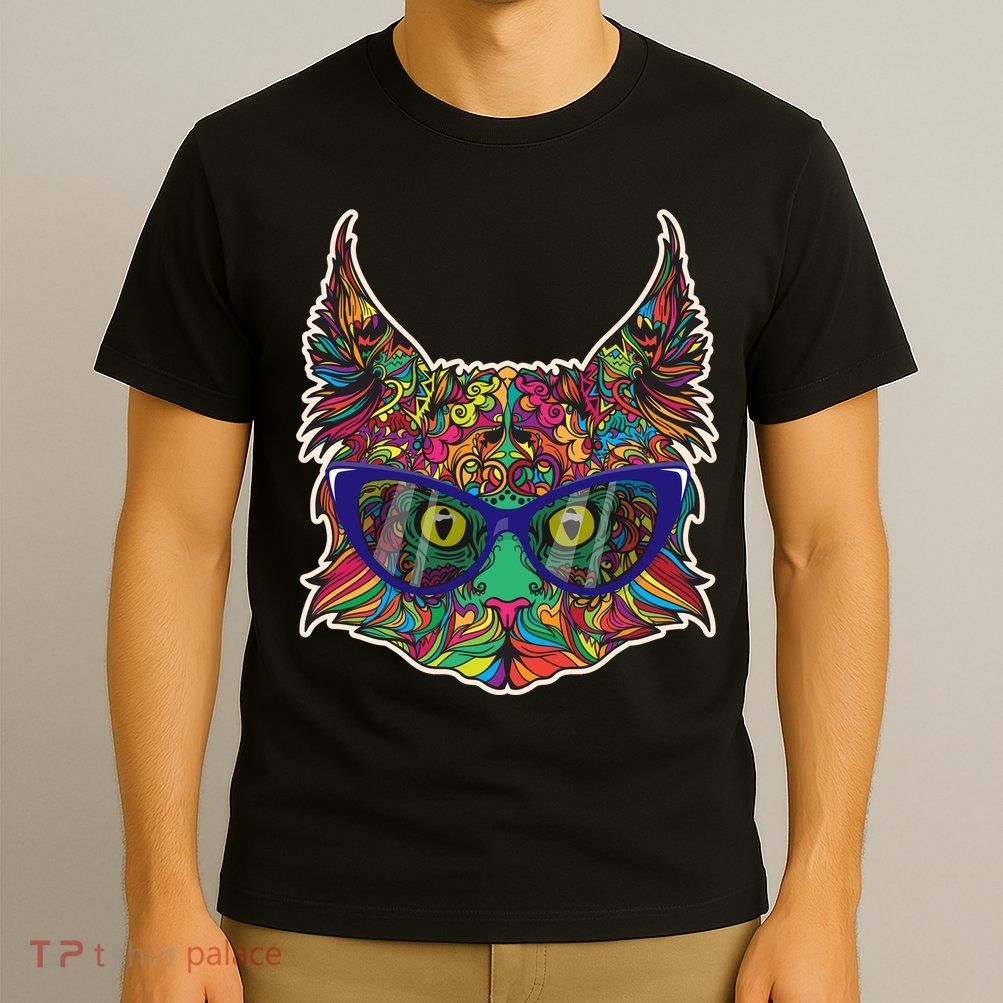 Colorfful Cat With Glasses Portrait T-Shirt