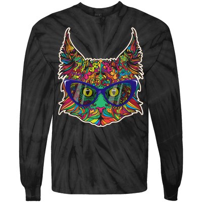 Colorfful Cat With Glasses Portrait Tie-Dye Long Sleeve Shirt