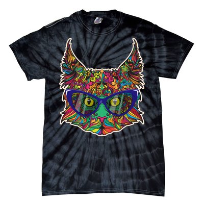 Colorfful Cat With Glasses Portrait Tie-Dye T-Shirt