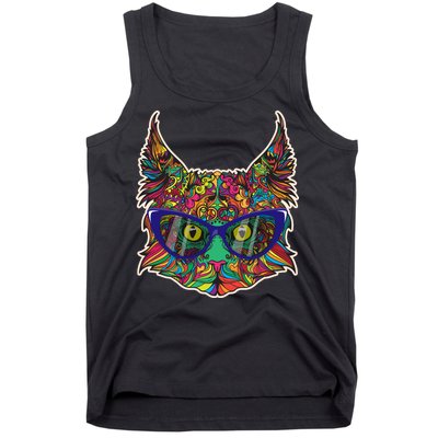 Colorfful Cat With Glasses Portrait Tank Top