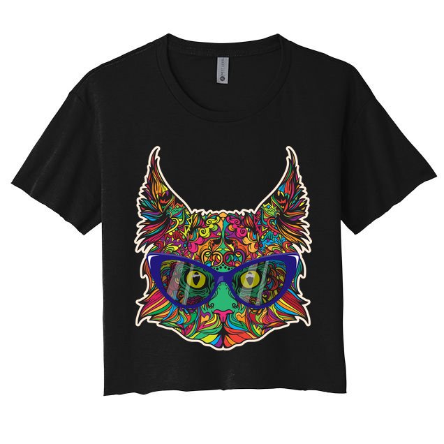 Colorfful Cat With Glasses Portrait Crop Top