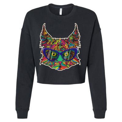 Colorfful Cat With Glasses Portrait Cropped Pullover Crew