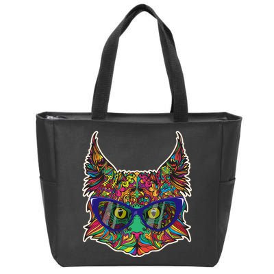 Colorfful Cat With Glasses Portrait Zip Tote Bag