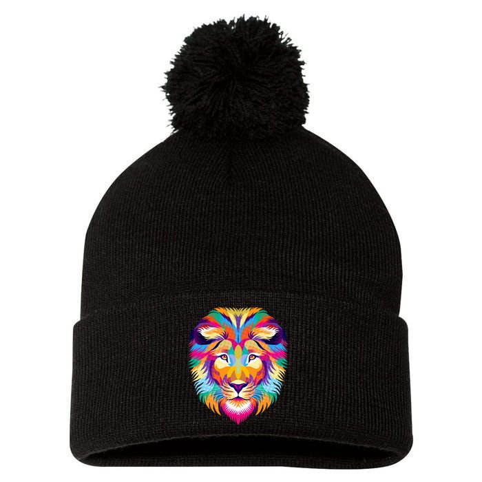 Colorful Abstract Lion Pom Pom 12in Knit Beanie