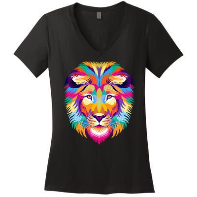 Colorful Abstract Lion Women's V-Neck T-Shirt