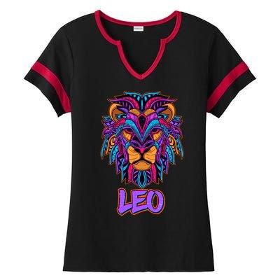 Colorful Abstract Lion Leo Zodiac Ladies Halftime Notch Neck Tee