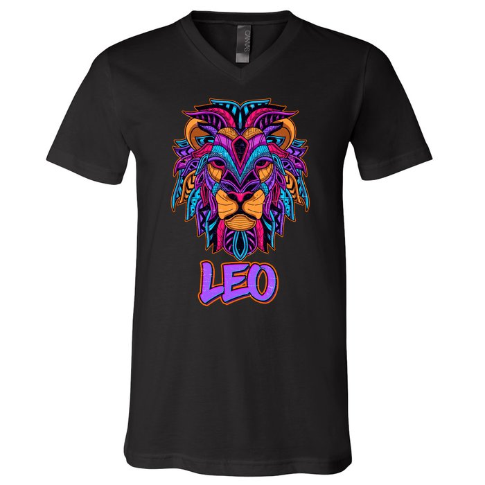 Colorful Abstract Lion Leo Zodiac V-Neck T-Shirt