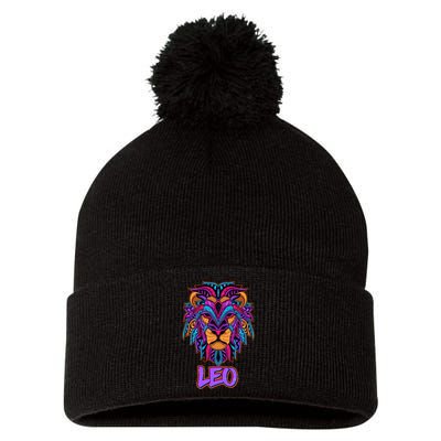 Colorful Abstract Lion Leo Zodiac Pom Pom 12in Knit Beanie