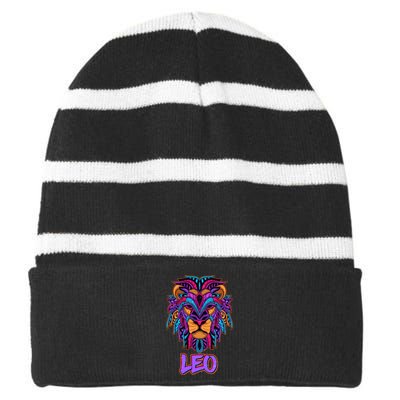 Colorful Abstract Lion Leo Zodiac Striped Beanie with Solid Band