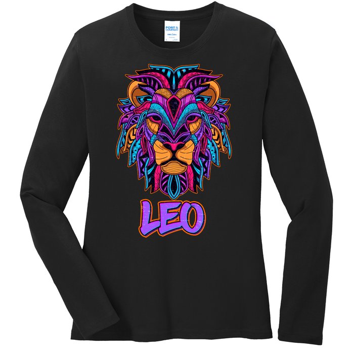 Colorful Abstract Lion Leo Zodiac Ladies Long Sleeve Shirt