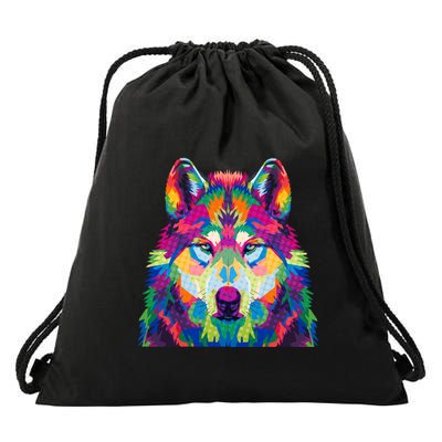 Colorful Abstract Wolf Drawstring Bag