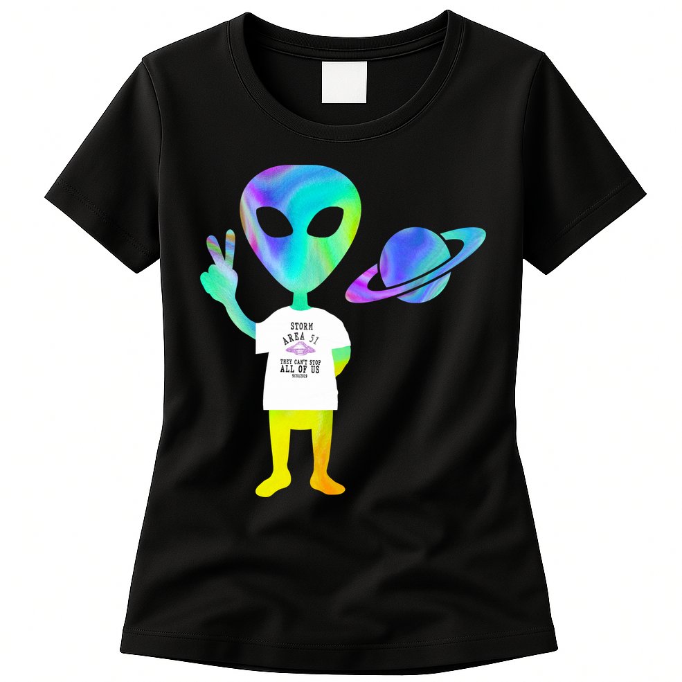 Colorful Alien Storm Area 51 Funny Womens T-Shirt