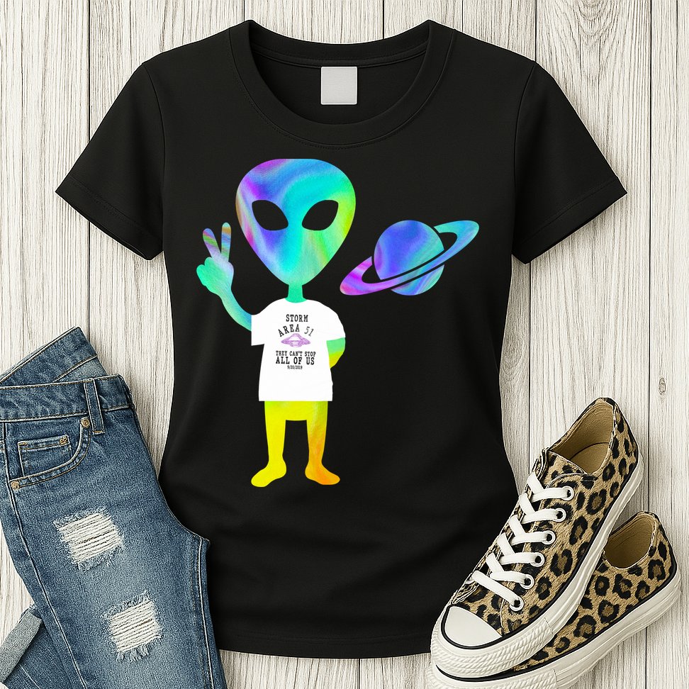 Colorful Alien Storm Area 51 Funny Womens T-Shirt