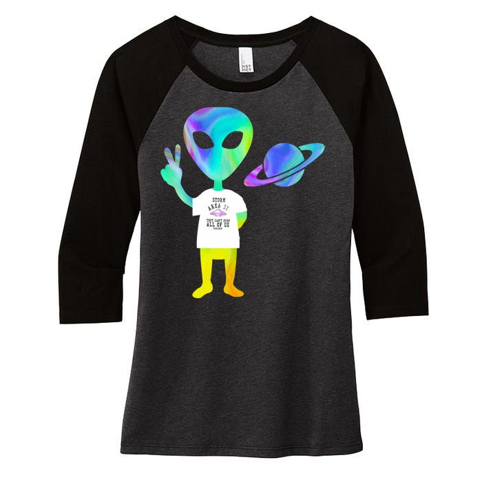 Colorful Alien Storm Area 51 Funny Women's Tri-Blend 3/4-Sleeve Raglan Shirt