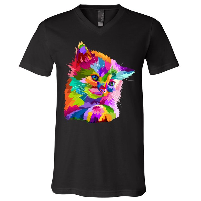 Colorful Atyle Cat Head Pop  V-Neck T-Shirt