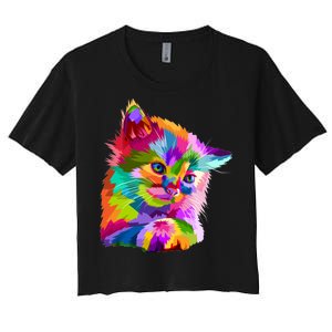 Colorful Atyle Cat Head Pop  Women's Crop Top Tee