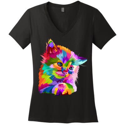 Colorful Atyle Cat Head Pop  Women's V-Neck T-Shirt