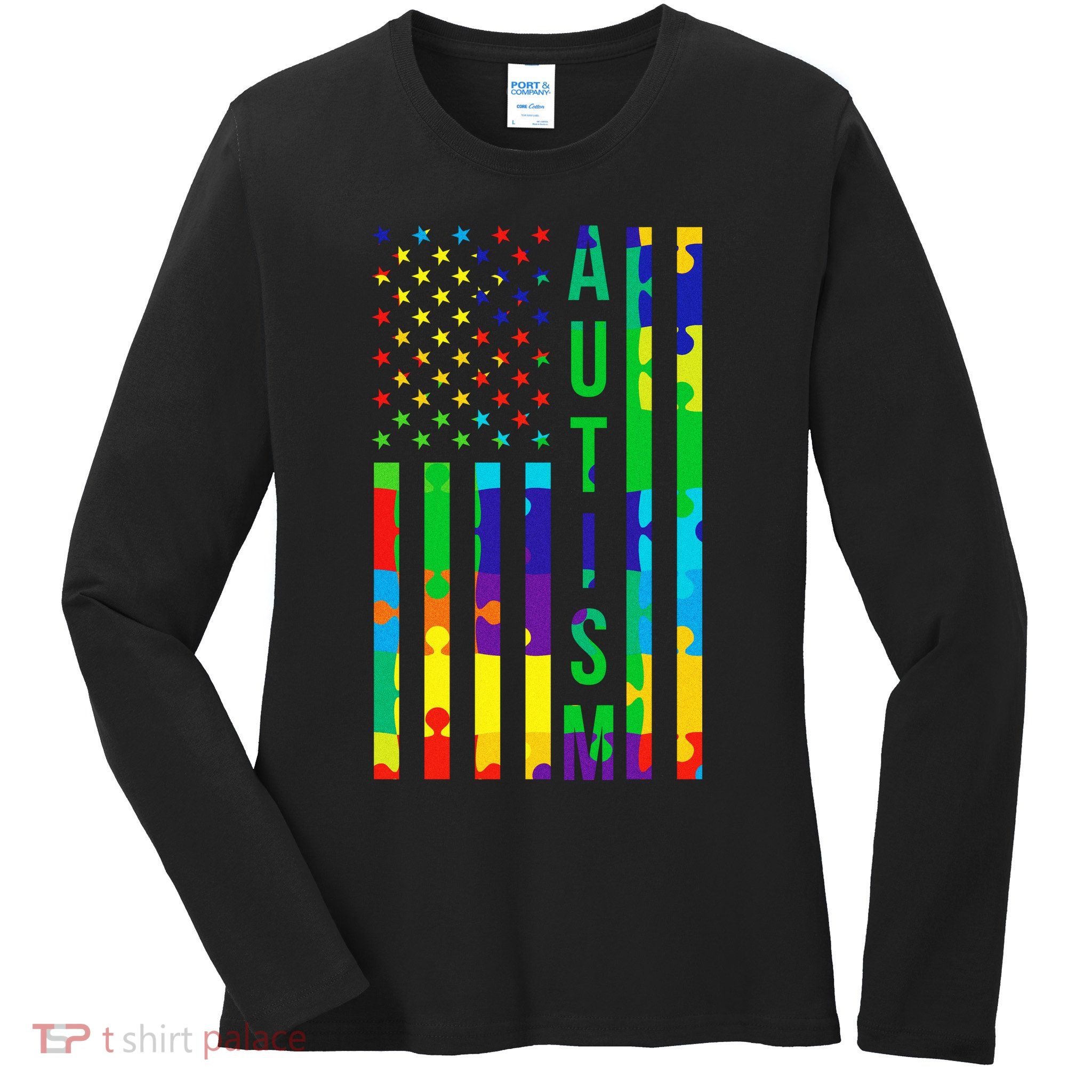 Colorful Autism Puzzle Flag Ladies Long Sleeve Shirt
