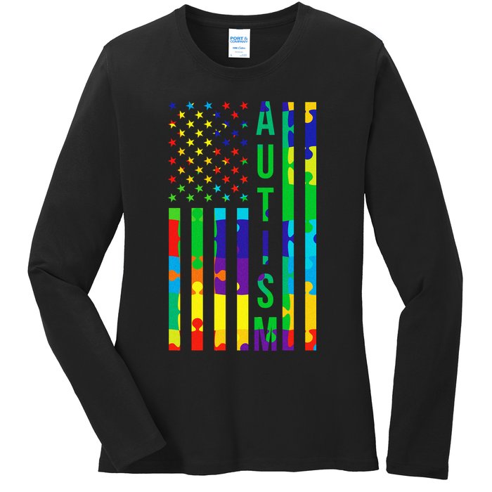 Colorful Autism Puzzle Flag Ladies Long Sleeve Shirt