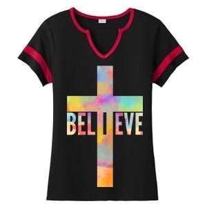 Colorful Believe Christian Cross Ladies Halftime Notch Neck Tee