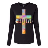 Colorful Believe Christian Cross Womens Cotton Relaxed Long Sleeve T-Shirt