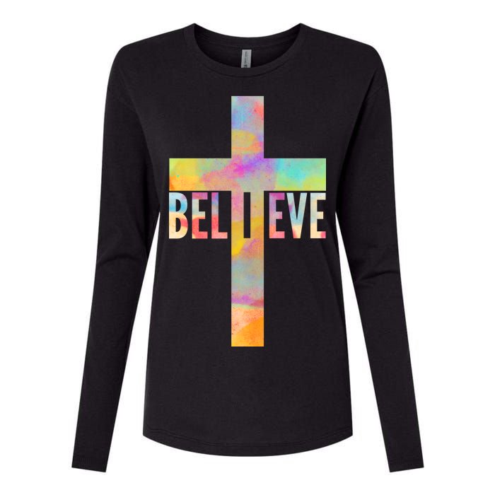 Colorful Believe Christian Cross Womens Cotton Relaxed Long Sleeve T-Shirt