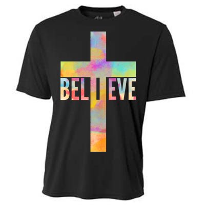 Colorful Believe Christian Cross Cooling Performance Crew T-Shirt