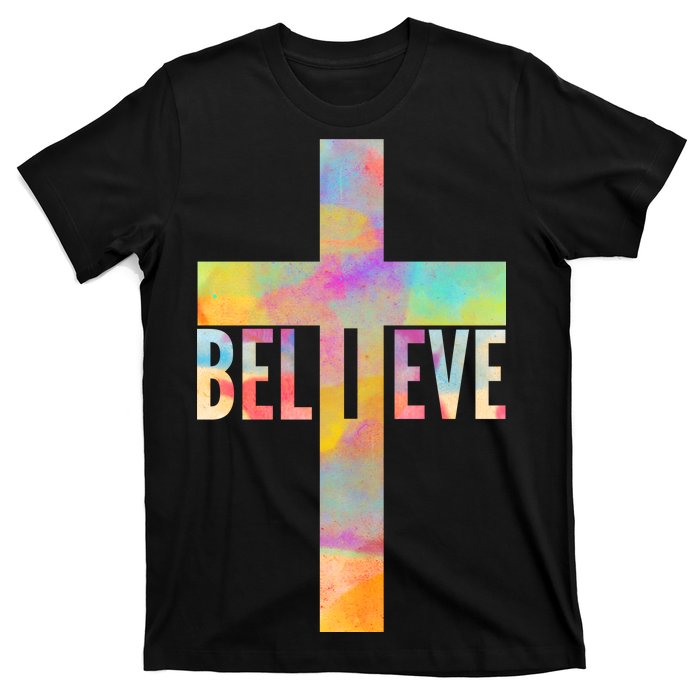 Colorful Believe Christian Cross T-Shirt