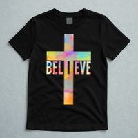 Colorful Believe Christian Cross T-Shirt